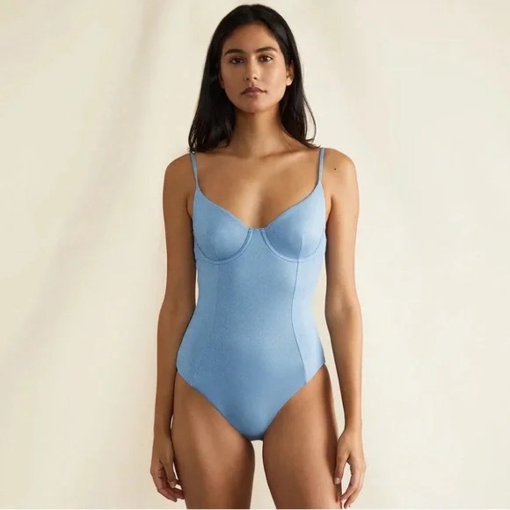 ONIA Chelsea One Piece Bustier Style Swimsuit in Faded Denim Size XS